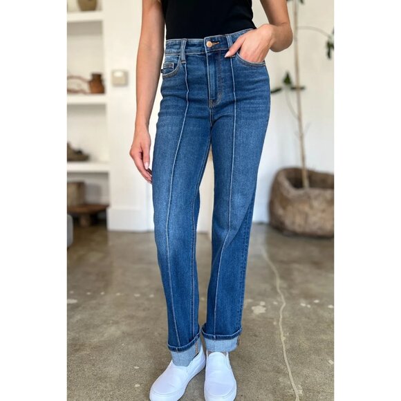 NWT 💙Judy Blue Front Seam Detail, High Waist Straight Jeans, Cuffed, Flattering - Picture 9 of 10